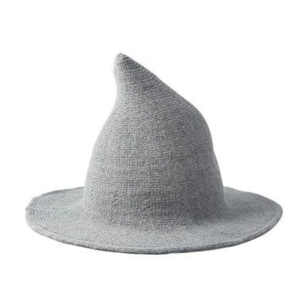 Knit Witch Wizard Hat Wired Brim Foldable‎ Grey Costume Halloween Cosplay